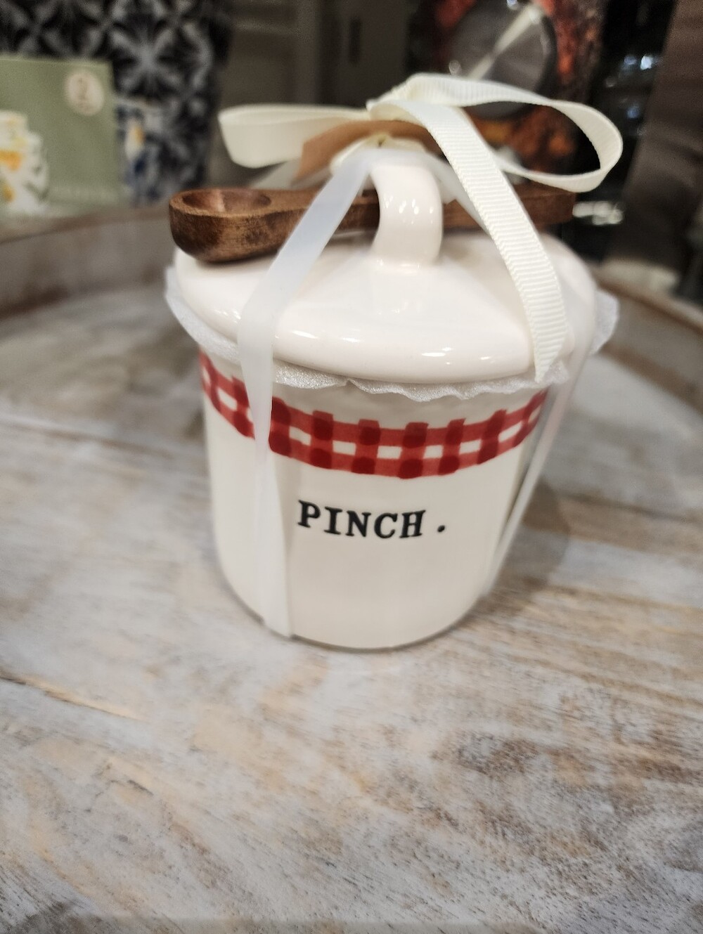 Rae Dunn ’Pinch’ Ceramic Jar with Red Gingham Trim